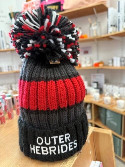 Outer Hebrides Black and Red striped bobble hat